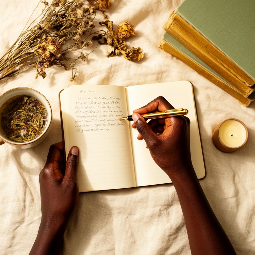 Hands writing in a notebook with tea and dried botanicals