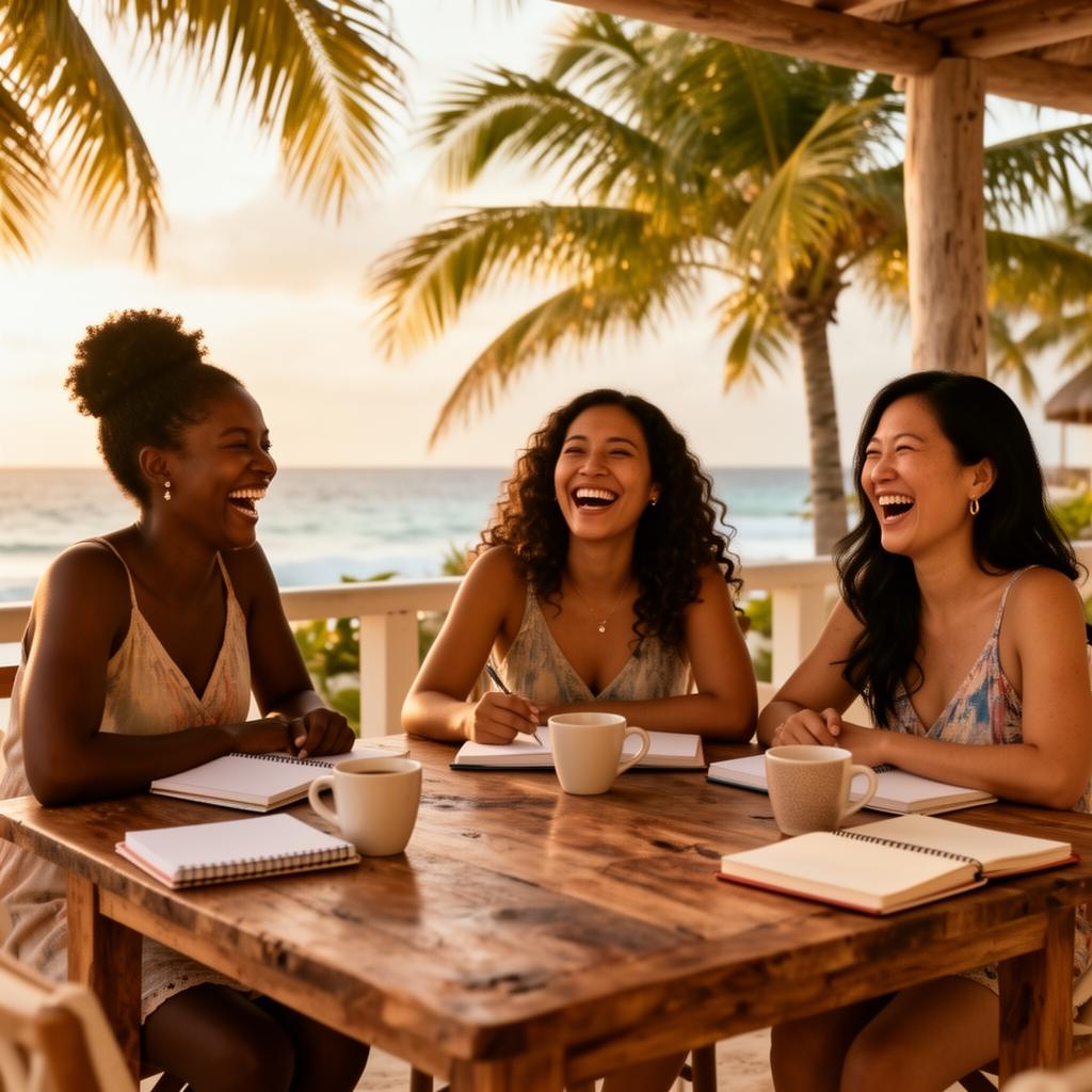 Three BIPOC women writers laughing together at a beachfront table in Riviera Maya