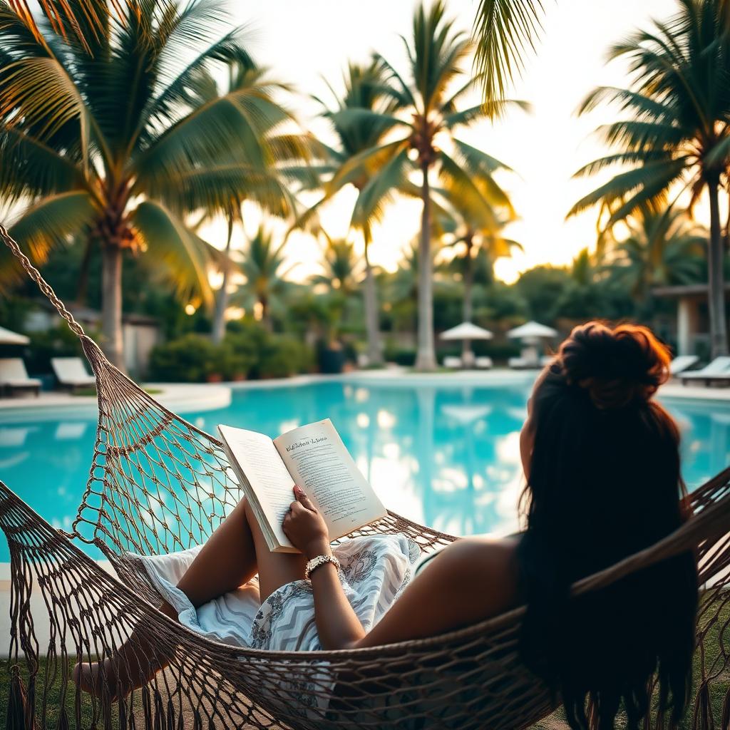 A woman reading in a hammock beside a pool in Playa del Carmen
